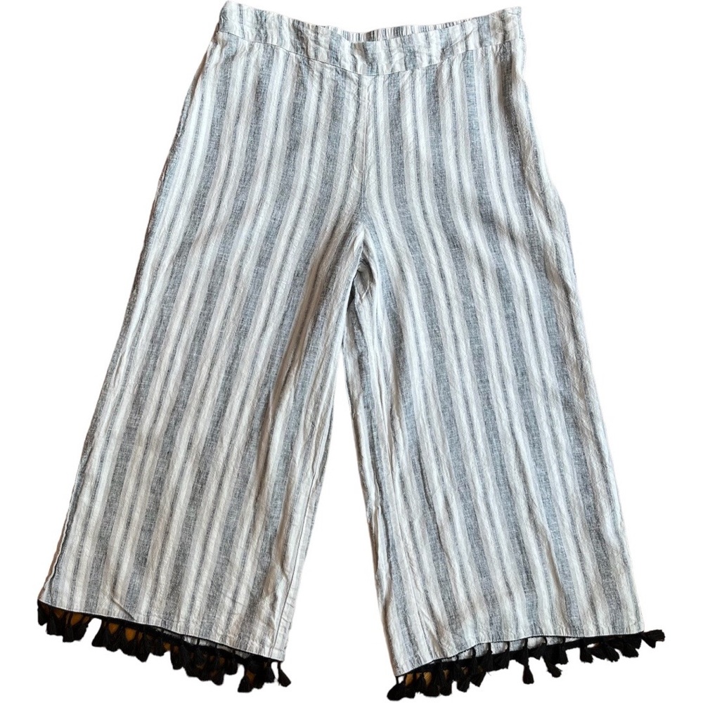 Ashro Wide Leg Striped Linen Blend Cropped Tassel Pants